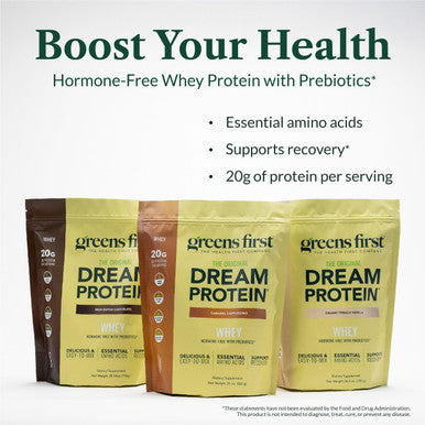 Greens First Dream Protein Powder Whey 20g Protein Per Serving Hormone Free with Prebiotics NonGMO No Artificial Sweeteners MSG Aspartame (Rich Dutch Chocolate 28.04 oz)