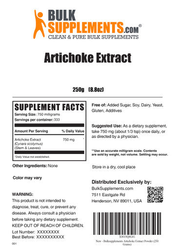 BulkSupplements Artichoke Extract Powder - Herbal Supplement, Sourced from Artichoke Leaf & Stem - - 750mg , 333 Servings (250 Grams - 8.8 oz)