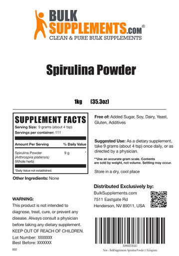 BulkSupplements Spirulina Powder - Green Powder Superfood Supplement, Antioxidants Source - Blue Green Algae Powder - 9g of Pure Spirulina , (1 Kilogram - 2.2 lbs)