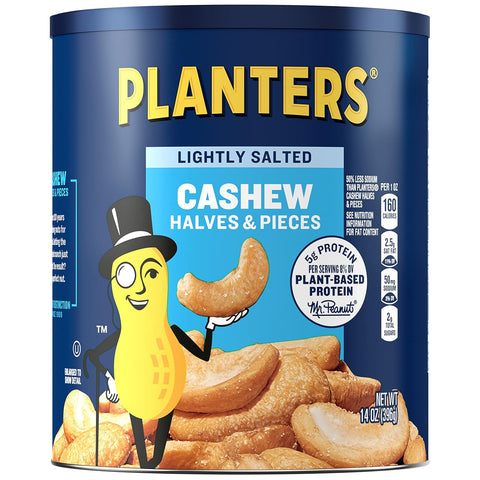PLANTERS Lightly Salted Cashews, Cashew Halves & Pieces, Plant-Based Protein, 8 Oz Canister, Great Party Snack