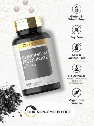 Carlyle Chromium Picolinate 200mcg | 250 Tablets | Vegetarian Non-GMO Gluten Supplement
