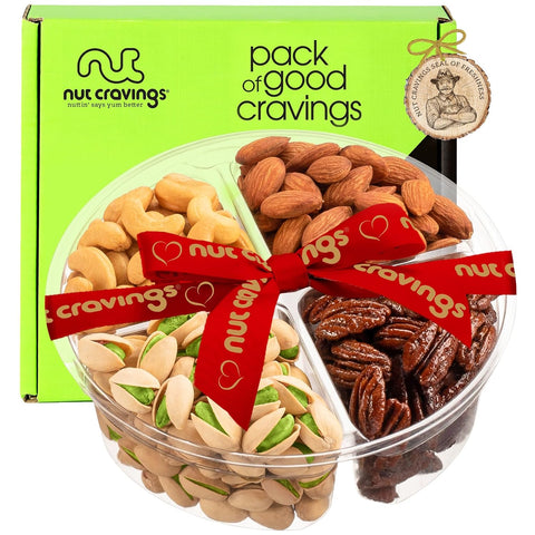 NUT CRAVINGS - Purim Mishloach Manot Mixed Nuts Gift Basket in Red Gold Box (7 Assortments, 1 LB) Ramadan Gifts Treats for Adults, Food Arrangement, Healthy Snack Care Package, Kosher