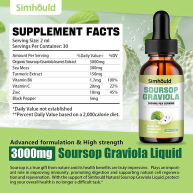 1 Packs 3000Mg Soursop Graviola Liquid Drops For Cell Support & Regeneration, Immune, Gut, Antioxidant, Mood, Relax, Liver And Sleep Zzz - Sea Moss, Turmeric, Vitamin B6, C & Zinc - 2 Fl Oz
