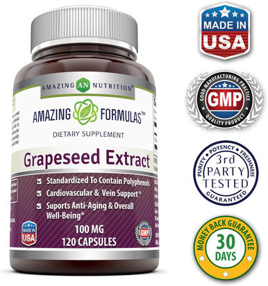 Amazing Nutrition Formulas Grapeseed Extract Supplement | 100 Mg Per Serving | 120 Veggie Capsules | Non-GMO | Gluten- | Made in USA