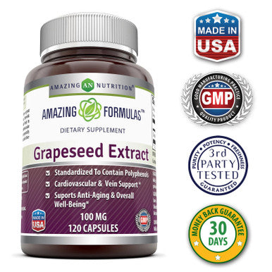 Amazing Nutrition Grapeseed Extract - 100Mg Grape Seed Capsules Rich In Resveratrol - Easier To Swallow 120 Capsules (Non Gmo,Gluten Free) Standardized To Contain Polyphenols - Supports Immune Health,