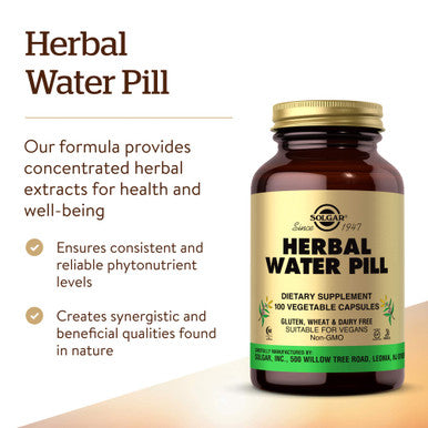 Solgar Herbal Water Pill 100 Vegetable Capsules - Supports Fluid Balance - Concentrated Herbal Extracts - Non-Gmo Vegan Gluten Free Dairy Free Kosher Halal - 100 Servings