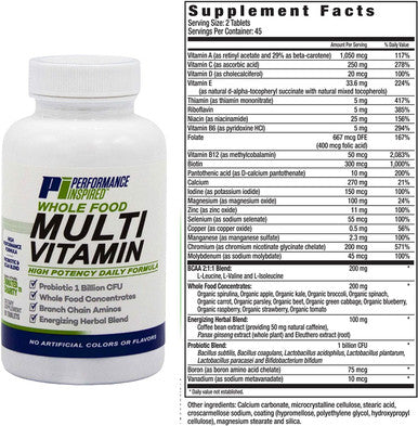 Performance Inspired Nutrition Whole Food Multi Vitamin 1 Billion CFU Probiotics BCAAs Energizing Herbal Complex 90 Count