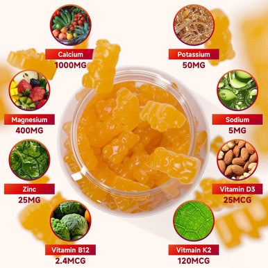 Calcium Gummies 1000Mg With Vitamin D3 K2 & B Complex, Potassium, Calcium Magnesium Zinc Gummies For Bone, Muscle, Mood And Immunity - Orange Flavor 60 Gummies