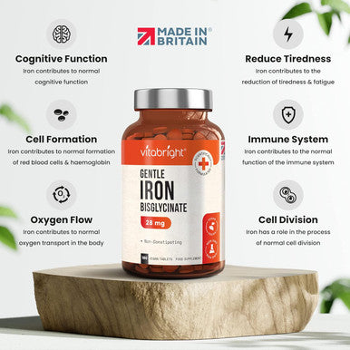 Vitabright Gentle Iron Tablets High Strength 28mg Vegan Iron Tablets Women & Men Chelated (Organic) Iron Supplements for Women & Teens Energy Tablets for Tiredness VitaBright Strong Iron Bisglycinate