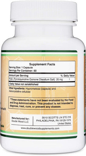 PQQ Supplement 20mg 60 Capsules Pyrroloquinoline Quinone Promotes Mitochondria ATP Coenzyme Levels Energy Optimizer and Sleep Quality Support by Double Wood Supplements