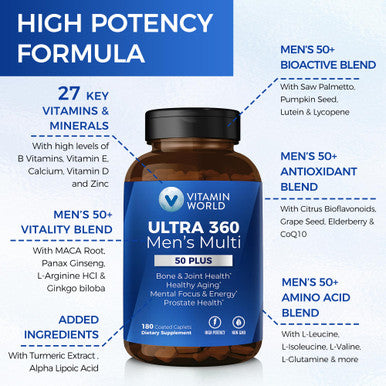 Vitamin World Ultra 360 Multivitamin for Men 50 Plus Men's 50+ 180 Caplets