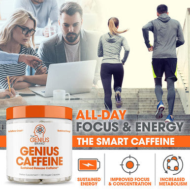Genius Caffeine Extended Release Microencapsulated Caffeine Pills All Natural NonCrash Sustained Energy Focus Supplement Preworkout Nootropic Brain Booster For Men Women100 Count
