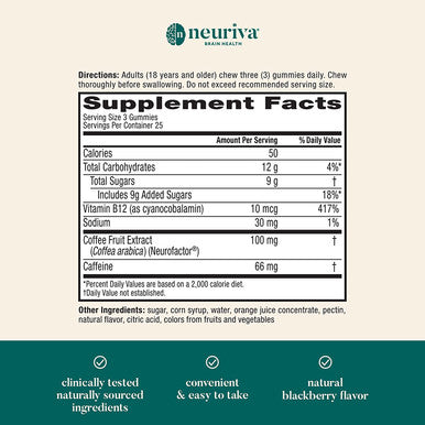 Neuriva Brain Energy Gummies Nootropic Brain Supplement for Focus Concentration with Neurofactor Vitamin B12 Caffeine for an Energy Boost 75ct Natural BlackBerry