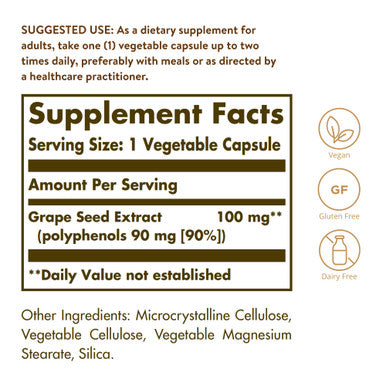 Solgar Grape Seed Extract 100 Mg 60 Vegetable Capsules - Phytonutrient Antioxidant Support - Cardio Support - Vegan Gluten Free Dairy Free - 60 Servings