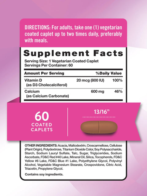 Nature's Truth Calcium 600 mg with Vitamin D3 Coated Caplets Calcium Carbonate Vegetarian NonGMO and Gluten Free Supplement Calcium Carbonate Vegetarian NonGMO and Gluten Free Supplement