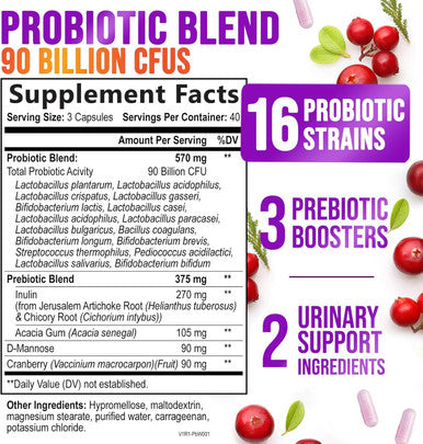 Nature'S Nutrition Probiotics for Women with Prebiotics - Women's Probiotics 90 Billion CFU 16 Strains for Digestive Health Vaginal Probiotic PH & Immune Support for Women D-Mannose with Cranberry - 120 Capsules