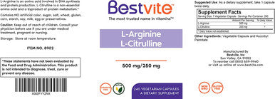 L-Arginine L-Citrulline 500mg / 250mg Vegan (240 Vegetarian Capsules) - No Stearates - No Dicalcium Phosphate - Non GMO - Gluten Free