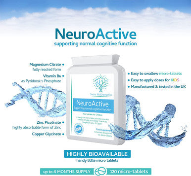 NeuroActive 120 highly bioavailable micro-tablets - Magnesium Citrate , Zinc Picolinate, Copper Glycinate & Vitamin B6 balanced for Children and Adults - superior absorption - vegan friendly - UK Made