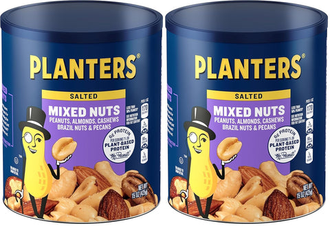 PLANTERS Lightly Salted Mixed Nuts, Plant Based Protein, 15 Oz (1 Ct) | Mixed Nuts: Almonds, Cashews, Brazil Nuts, Peanuts, Pecans. Snacks for Adults. Resealable Canister. Party Snack