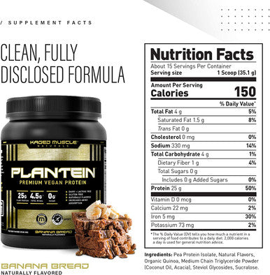 Kaged Muscle Vegan Protein Powder Plantein, Delicious Organic Pea Protein Powder with Enhanced Absorption (15 Servings, Banana Bread)