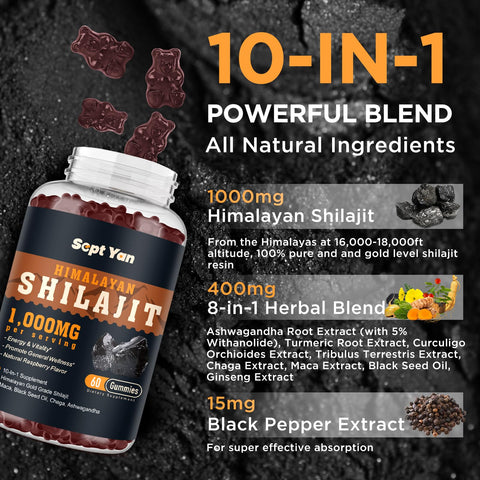 Sept Yan Shilajit Gummies 1000Mg - Shilajit Pure Himalayan Organic For Men & Women 85 Trace Minerals Shilajit Resin With Ashwagandha Maca Black Seed Oil - Energy Brain Immunity Sugar Free Raspberry 60Ct