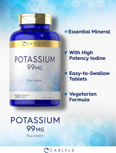 Carlyle Potassium 99mg | Plus Iodine | 500 Vegetarian Tablets | Non-GMO and Gluten Supplement