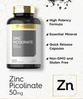Carlyle Zinc Picolinate 50mg | 300 Capsules | Non-GMO and Gluten Supplement