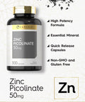 Zinc Picolinate 50Mg | 300 Capsules | Value Size | Non-Gmo And Gluten Free Supplement | By Carlyle