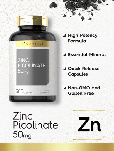 Zinc Picolinate 50Mg | 300 Capsules | Value Size | Non-Gmo And Gluten Free Supplement | By Carlyle