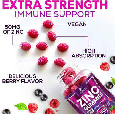 Zinc Gummies 50Mg - High Absorption Bone Skin & Immune Health Support Gummy & Antioxidant Chewable Supplement For Adults - Non-Gmo, Vegan & Gluten Zinc Vitamin, Mixed Berry Flavor - 120 Gummies