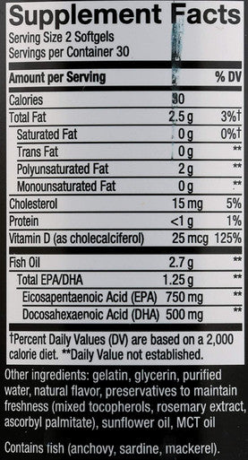 Nature's Way Ultra Pure Omega3 Fish Oil Plus Vitamin D, 1250 mg EPA/DHA, Citrus Punch, 60 Softgels