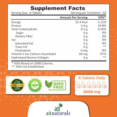 Aitnaturals Super Collagen with Vitamin C (6000mg) - 250 Tablets | Hydrolyzed Bovine Collagen Type 1 & 3 for Enhanced Hair Skin Nails and Healthy Bone & Joint Support| Non-GMO Gluten Halal