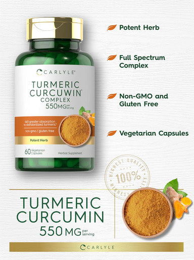 Carlyle Turmeric Supplement 550mg | 60 Capsules | CurcuWin Extract Complex | Vegetarian Non-GMO Gluten