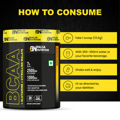 Balsa Nutrition BCAA With Glutamine + Citrulline Malate Powder- 405g, 30 Serving (Mango Madness) | Amino Acid For Muscle Recovery & Endurance, Boost Energy & Immune | Non- GMO
