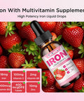 Liquid Iron Supplement For Women Men & Kids Multivitamin Iron Drops With Folate, Vitamin C, B6, B12, Zinc For Anemia, Iron Deficiency, Blood Builder, Energy - Natural Strawberry Flavor, Vegan 4 Fl Oz