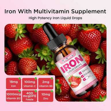 Liquid Iron Supplement For Women Men & Kids Multivitamin Iron Drops With Folate, Vitamin C, B6, B12, Zinc For Anemia, Iron Deficiency, Blood Builder, Energy - Natural Strawberry Flavor, Vegan 4 Fl Oz