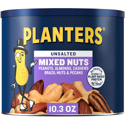 PLANTERS Lightly Salted Mixed Nuts, Plant Based Protein, 10.3 Oz (1 Ct) | Mixed Nuts: Almonds, Cashews, Peanuts, Pecans, Brazil Nuts. Snacks for Adults. Resealable Canister. Party Snack