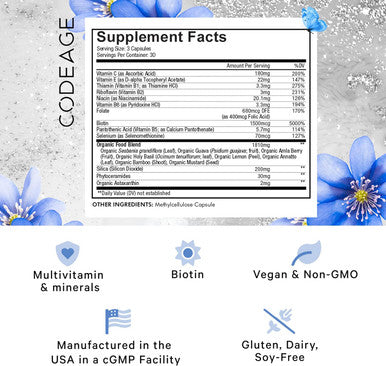 Codeage Biotin Supplement with Vitamin C Vitamin E Vitamin B6 Niacin Folate Organic Food Blend Phytoceramides Astaxanthin Selenium - Beauty Tonic - Hair Skin and Nail Support - Vegan 90 Ct