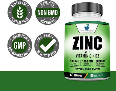 American Standard Supplements Zinc 100Mg, Vitamin C 1000Mg, And Vitamin D3 5000 Iu (125Mcg) Per Serving - Gluten Free, Non-Gmo, 120 Capsules, 60 Servings