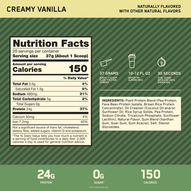 Optimum Nutrition Gold Standard 100% Plant Based Protein Powder Gluten Free Vegan Protein For Muscle Support And Recovery With Amino Acids Creamy Vanilla 20 Servings