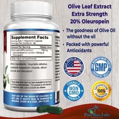 YUMMYVITE Premium Olive Leaf Extract - Extra Strength: 20% Oleuropein - 750Mg - Vegetarian - No Oil - Immune Support & Antioxidant Supplement, Non-Gmo - 60 Capsules