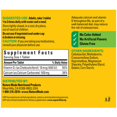 Nature Made Calcium 500 Mg With Vitamin D3 Dietary Supplement For Bone Support 130 Tablets