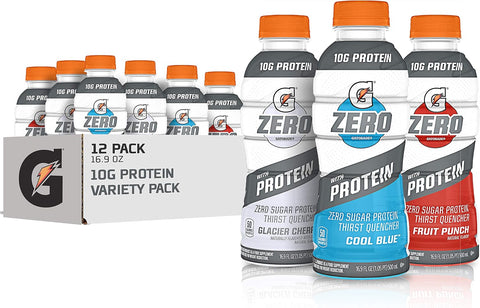Gatorade Zero With Protein, 10g Whey Protein Isolate, Zero Sugar, Electrolytes, 3 Flavor Variety Pack, Liquid, Bottle, 16.9 Fl Oz, 12 Pack