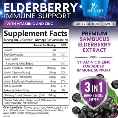 Nature'S Nutrition Sambucus Elderberry Immune Gummies Daily Elderberry Immune Support Vitamins with Vitamin C Vitamin D3 Zinc Immune Support Gummy Vitamin Supplement Black Elderberry for Adults & Kid - 120 Gummies
