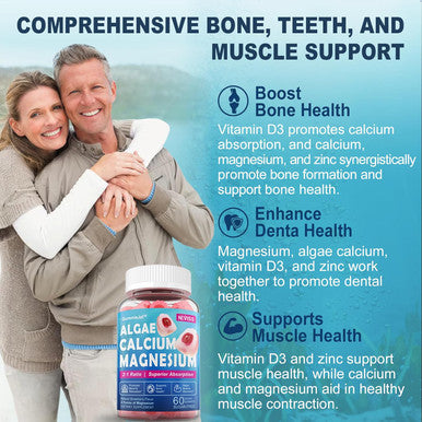 Calcium Supplement Gummy - Bone Strength With Algae Calcium 600Mg, Magnesium 300Mg, Zinc, D3 & B12 Complex - Plant-Based Calcium Magnesium 2:1 Ratio, Calcium Citrate Alternative, Gut-Friendly, 1Pack
