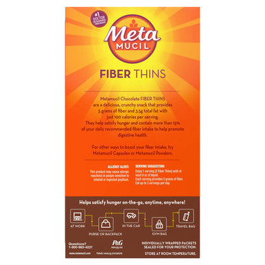 Metamucil Fiber Thins, Psyllium Husk Fiber Supplement, Digestive Health Support And Satisfy Hunger, Chocolate Flavored, 12 Servings