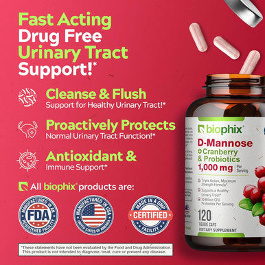 Biophix D-Mannose With Cranberry And Probiotics, D Mannose 1000Mg Capsules Serving - 120 Vcaps - Support Urinary Tract Health For Women And Men, Bladder Health And Digestive Well Being