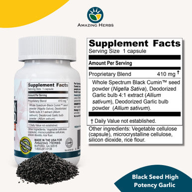 Amazing Herbs Whole Spectrum Black Seed & High Potency Garlic, Vegetarian Capsules - Gluten-Free, Non-Gmo, Vegan, Supports Immune System, Lung Function, & Cardiovascular Health - 100 Count