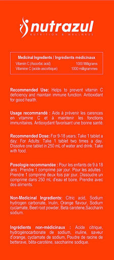 Nutrazul Vitamin C 1000mg Effervescent Tablets- Orange 20 s | 20 Days Supply | Gluten Free, Lactose Free, Sugar Free & Preservative Free | Maintains Immune Function