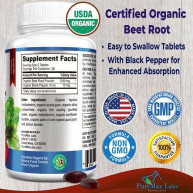 YUMMYVITE Organic Beet Root Powder 1350Mg With Black Pepper 60 Tablets